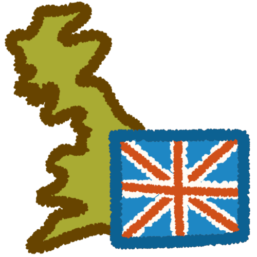 a green shape of the island of Britain, with the Union Jack flag
